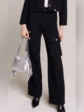 Maje Black Tweed Wide-Leg Cargo Pants with Pearl Buttons
